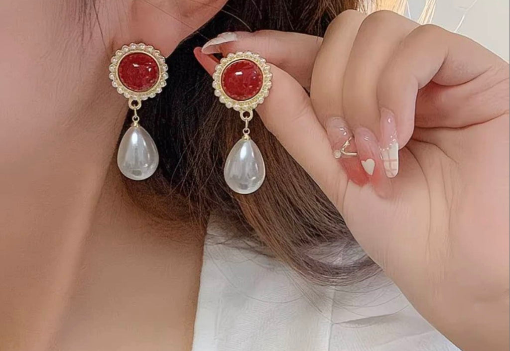 Scarlet Pearl Drop Earrings