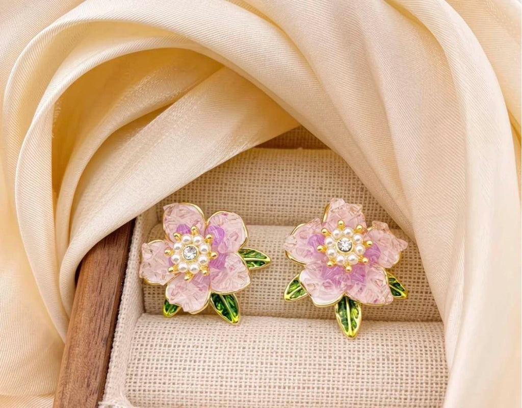 Blossom Pearl & Emerald Leaf Earrings