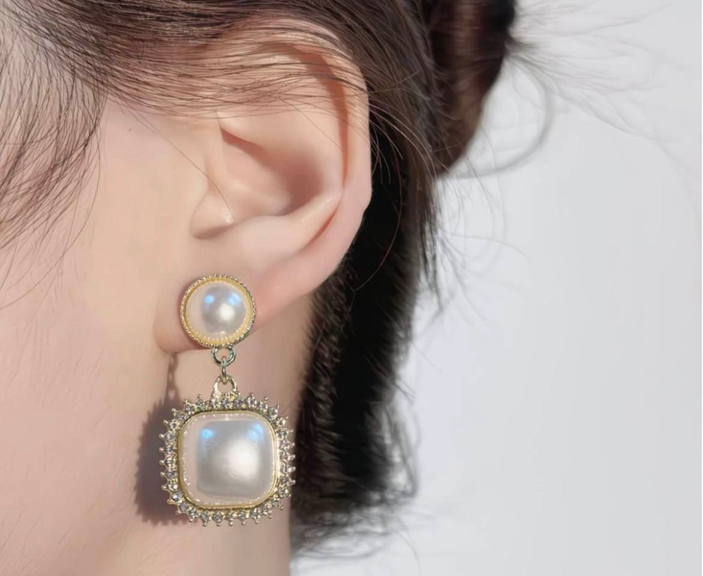 Vintage Pearl & Cushion Crystal Drop Earrings