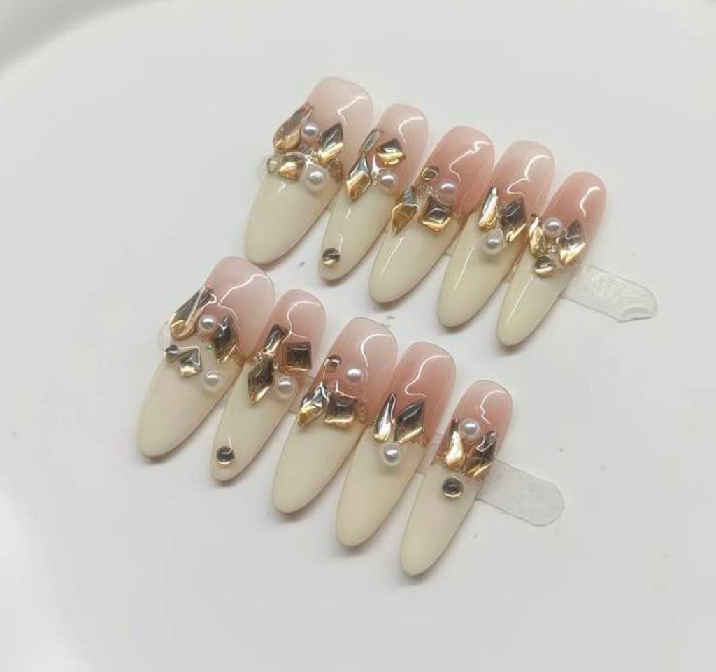 Gold Chunk & Pearl Ombre Nails