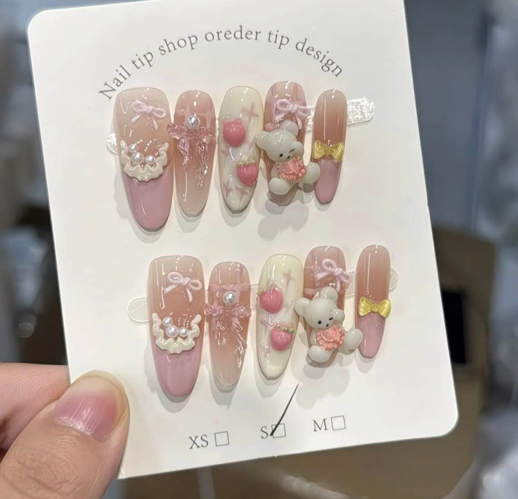 3D Bear and Strawberry Nails