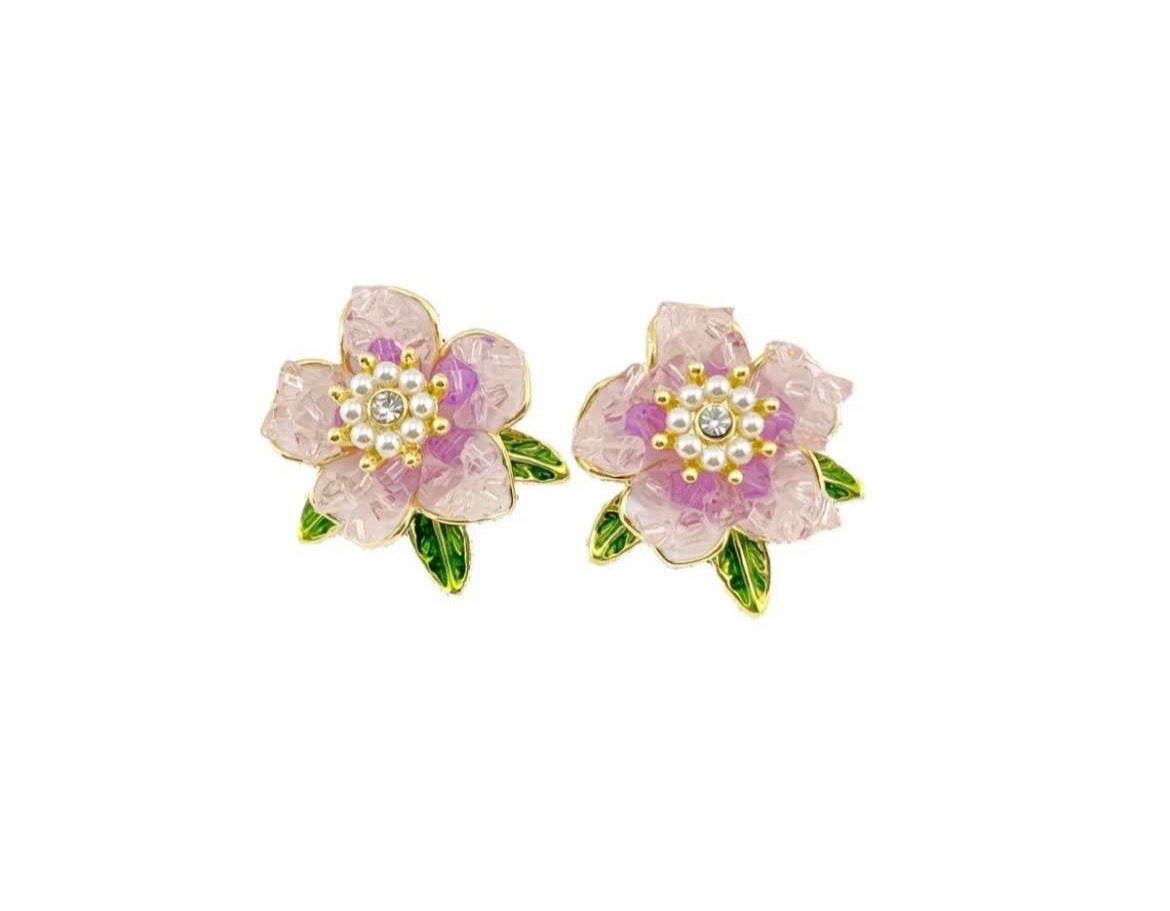 Blossom Pearl & Emerald Leaf Earrings
