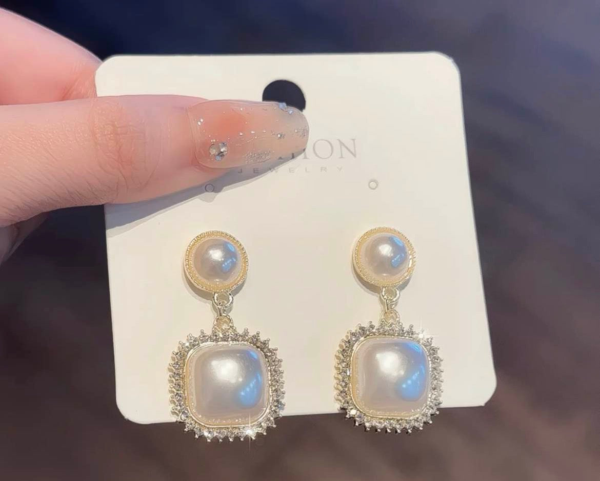 Vintage Pearl & Cushion Crystal Drop Earrings