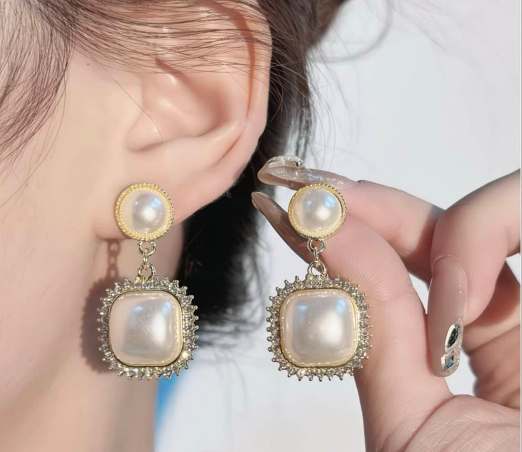 Vintage Pearl & Cushion Crystal Drop Earrings