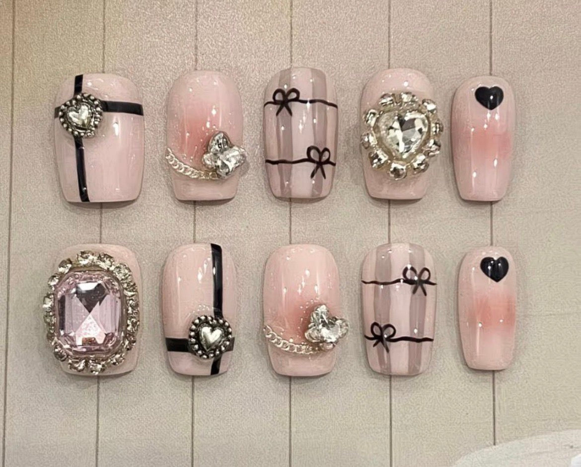 Pink Heart & Bow Nails